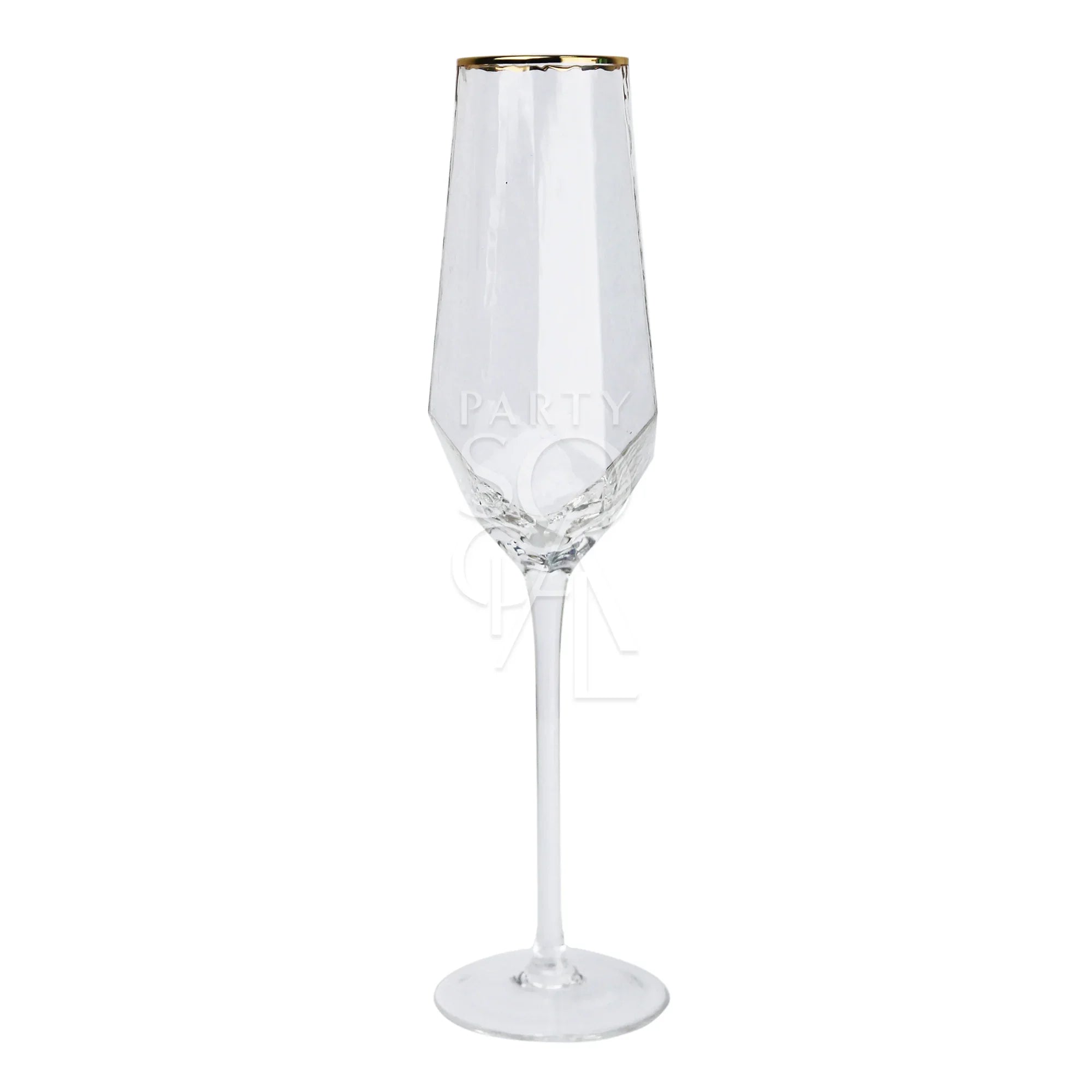 Gold rimmed geometric champagne glass, perfect for enhancing elegant table settings at events, part of the Party Social glassware collection.