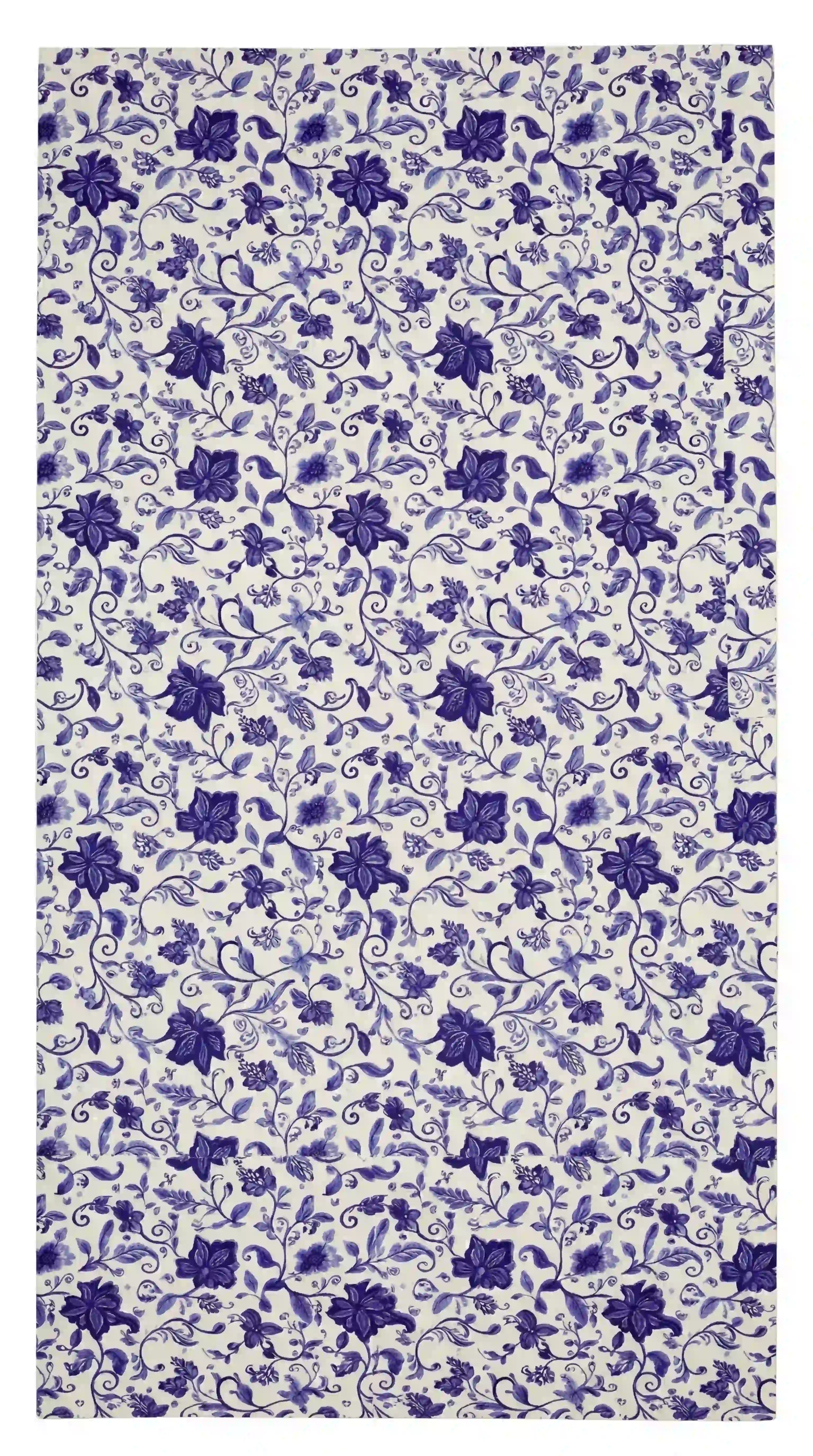 Azure Garden Floral Tablecloth featuring a dense purple floral pattern on white, perfect for adding elegance to party or event settings.