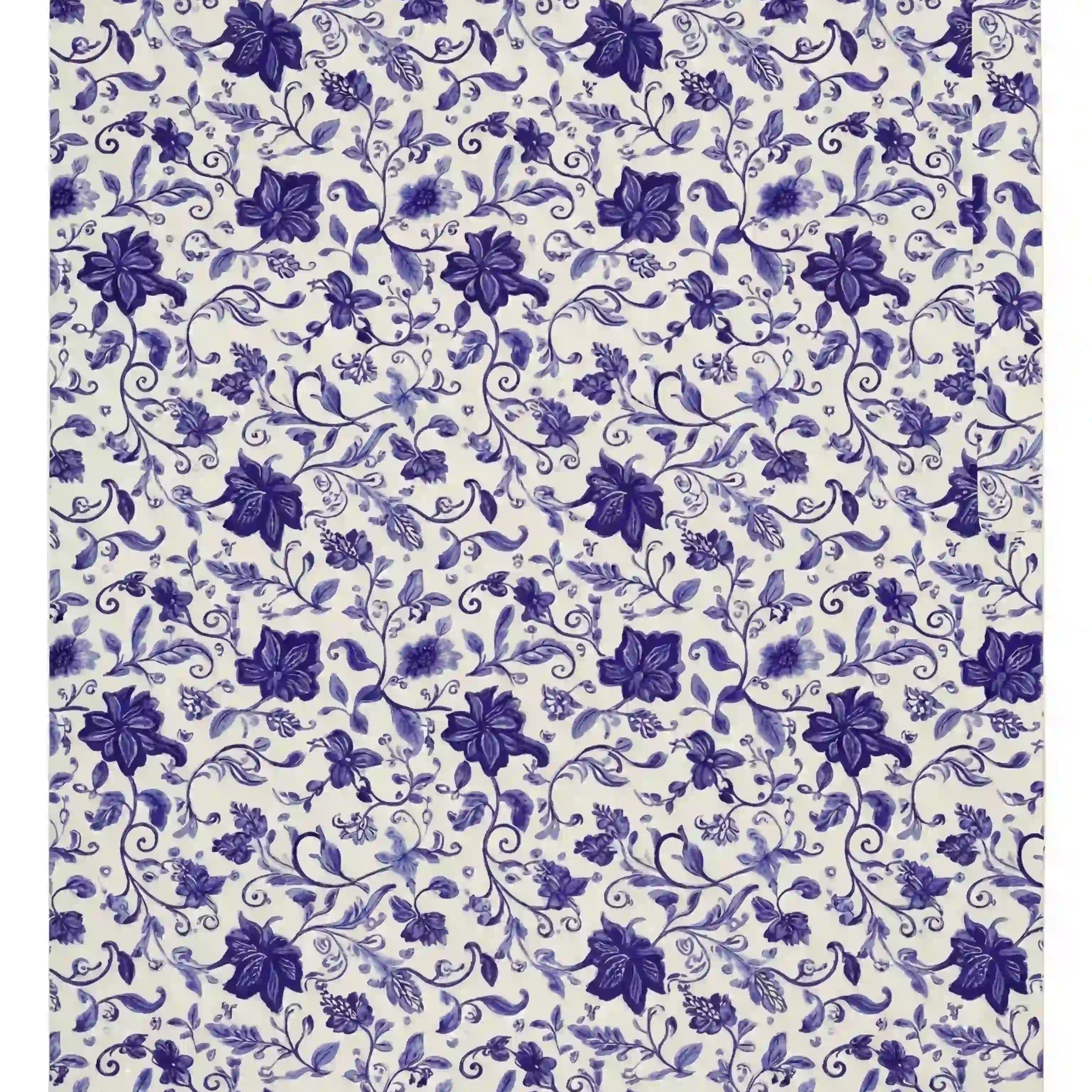 Azure Garden Floral Tablecloth featuring a dense purple floral pattern on white, perfect for adding elegance to party or event settings.