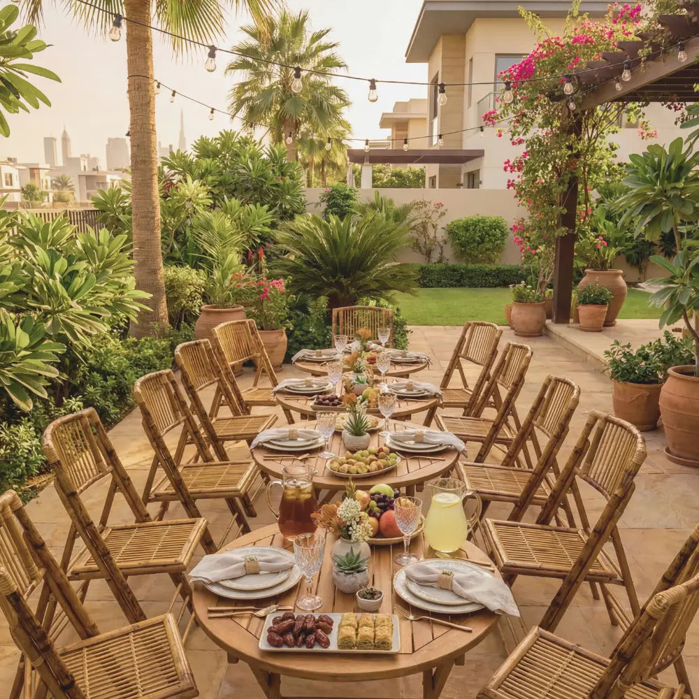 Bamboo Folding Chairs surround a garden patio table, set with stoneware, glassware, and fruit platters, under string lights, showcasing Party Social&
