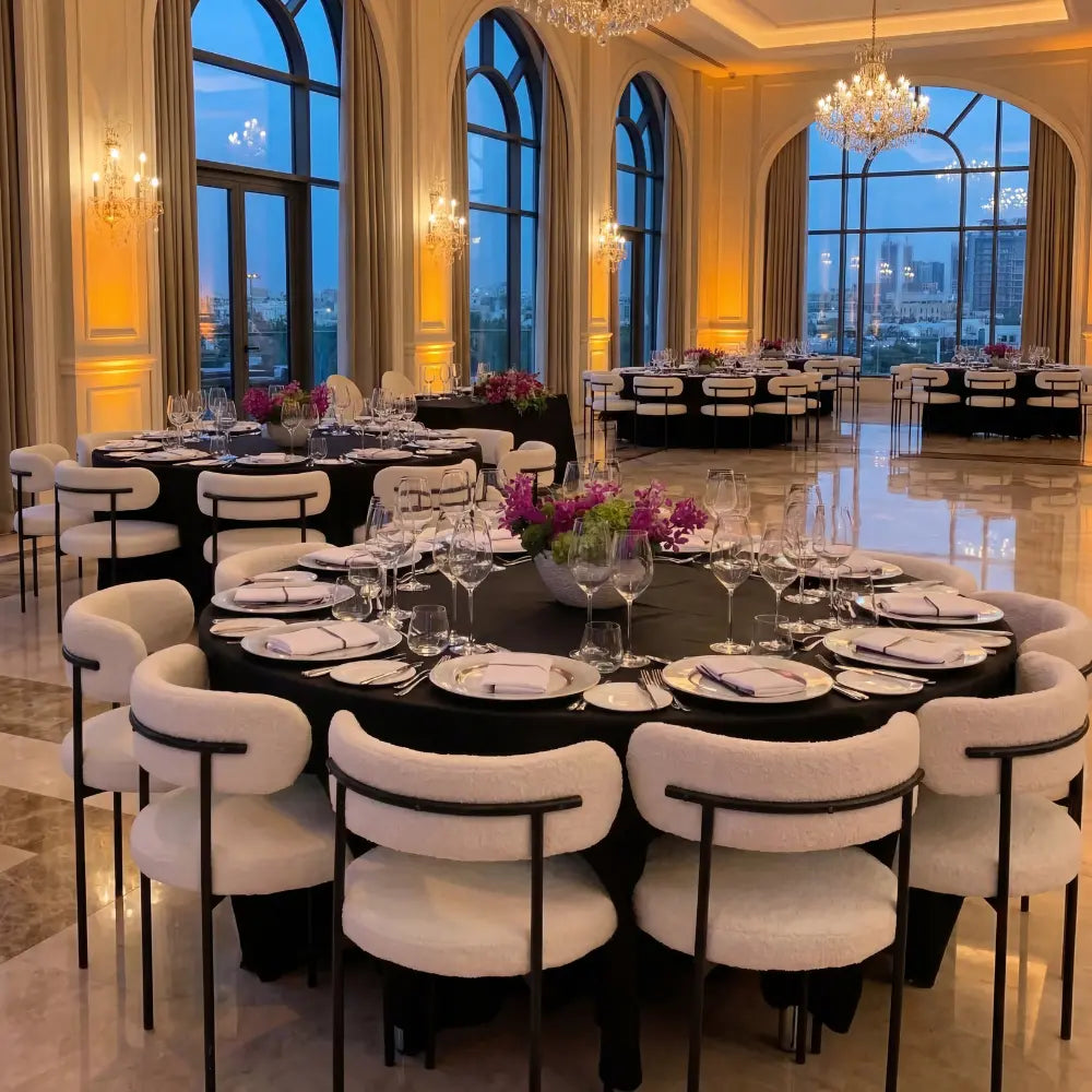 BOUCLE CHAIRS surround a round table in a formal banquet hall, featuring plush upholstery and minimalist frames, set for an elegant event with floral centerpieces.