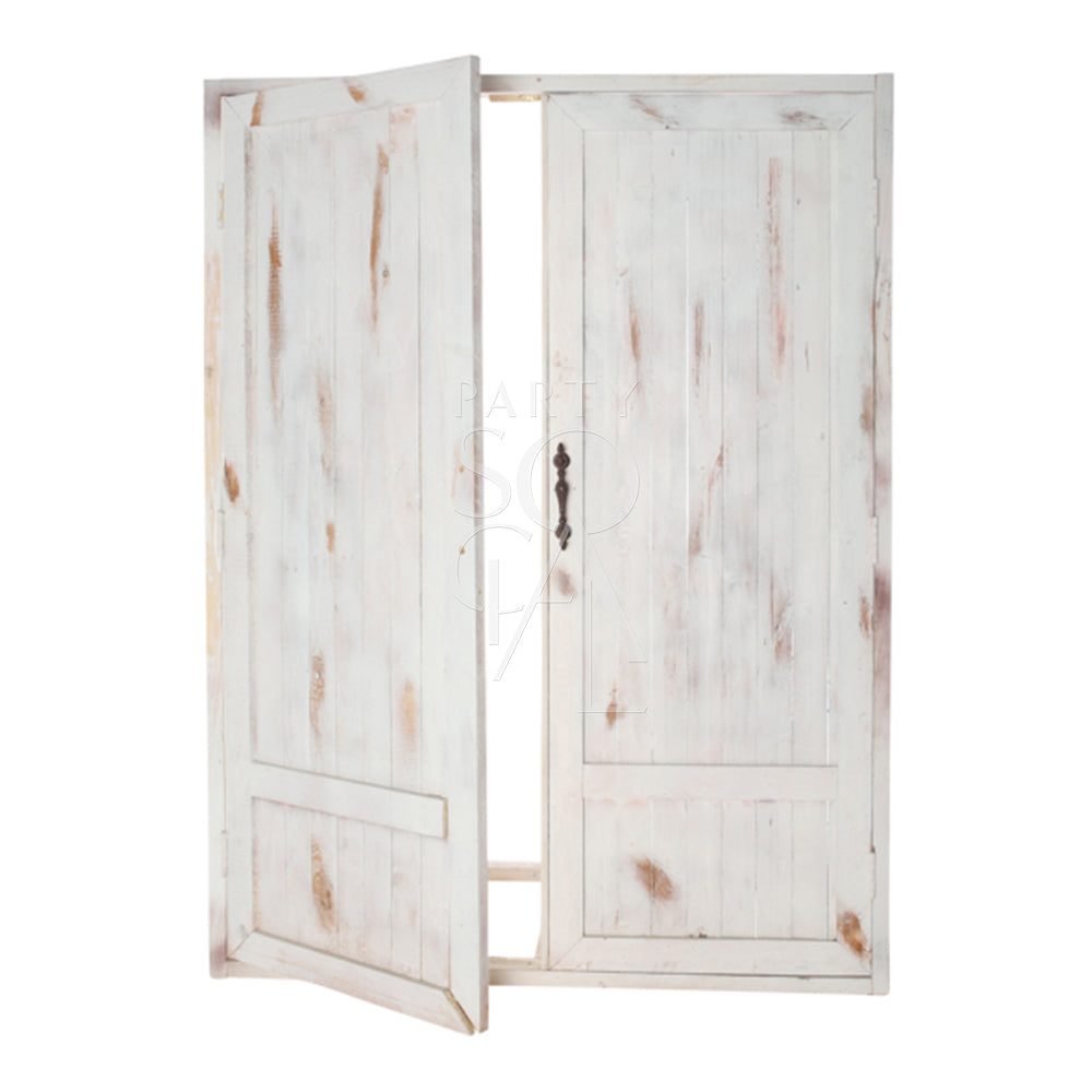 Whitewash vintage door backdrop with black handle, ideal for rustic-themed events and weddings, suitable for open or closed display.