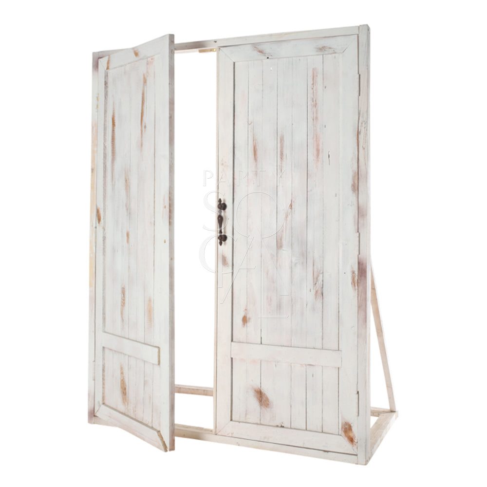 WHITEWASH VINTAGE DOOR BACKDROP with black handle, ideal for rustic-themed events and weddings, available for rental at Party Social.