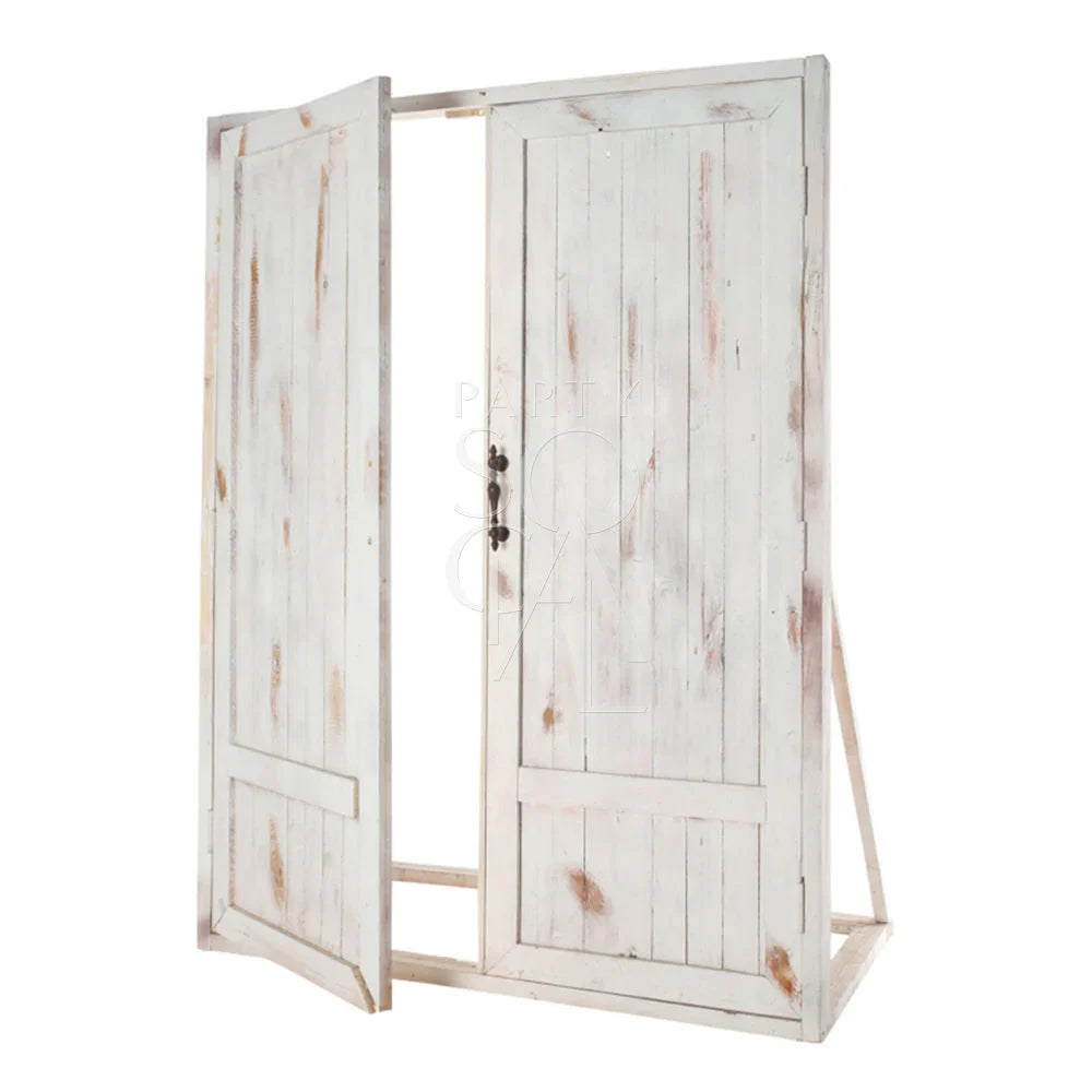 WHITEWASH VINTAGE DOOR BACKDROP with black handle, ideal for rustic-themed events and weddings, available for rental at Party Social.
