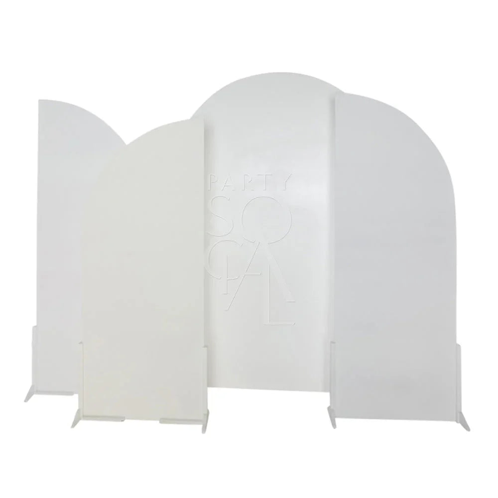 White Wood Curved Backdrop, ideal for events, shown in multiple configurations with folding screens, suitable for weddings or parties.