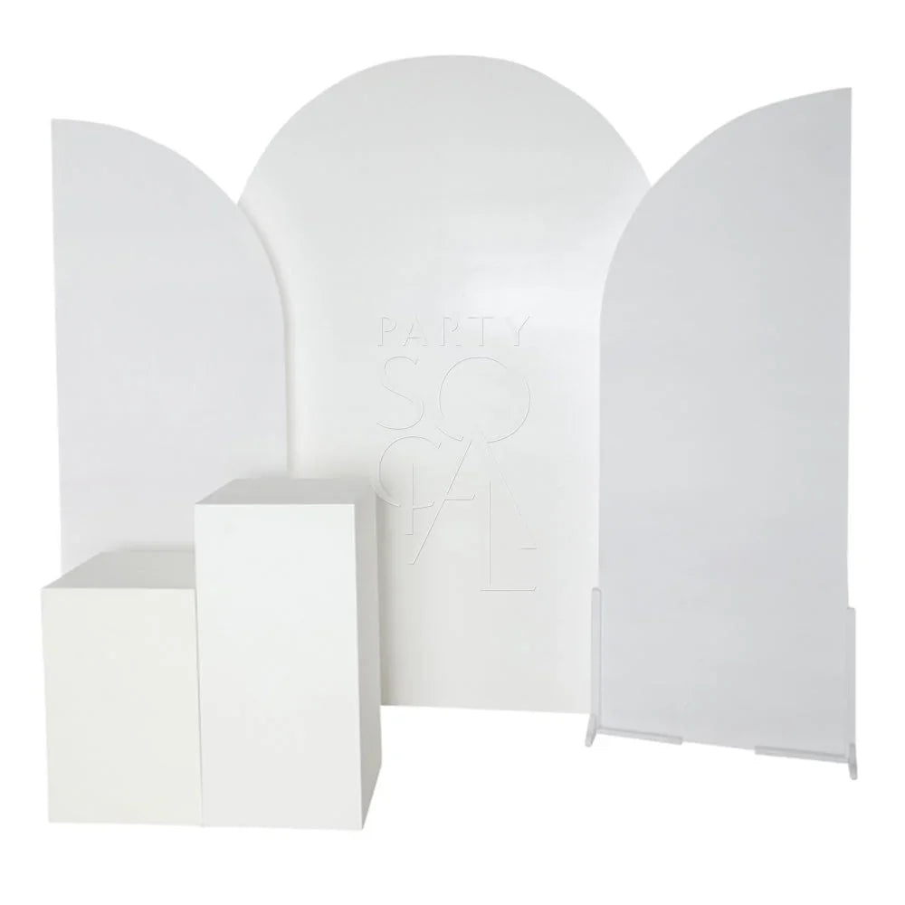 WHITE WOOD CURVED BACKDROP on a display stand, ideal for events like weddings and parties, compatible with arches or podiums for enhanced visual impact.