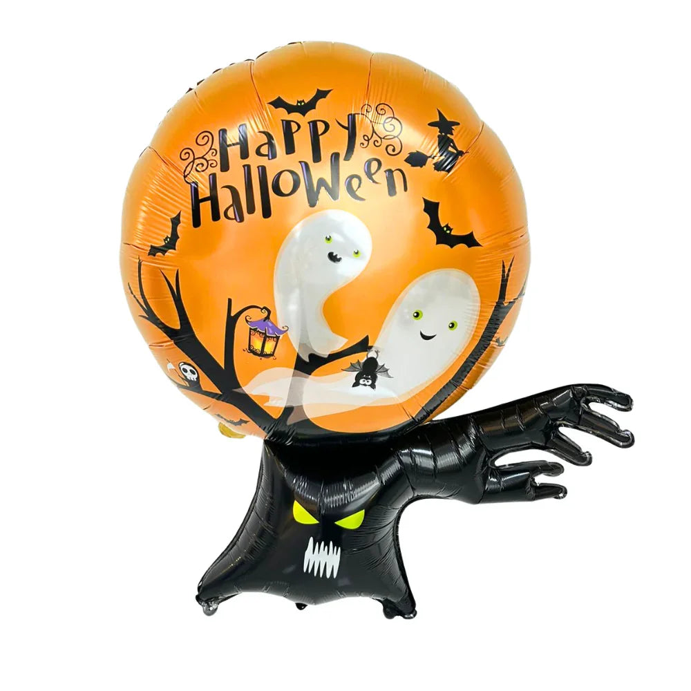 Ghost Tree Foil Balloon featuring playful ghost and bat designs, perfect for enhancing Halloween-themed parties and events with a festive touch.
