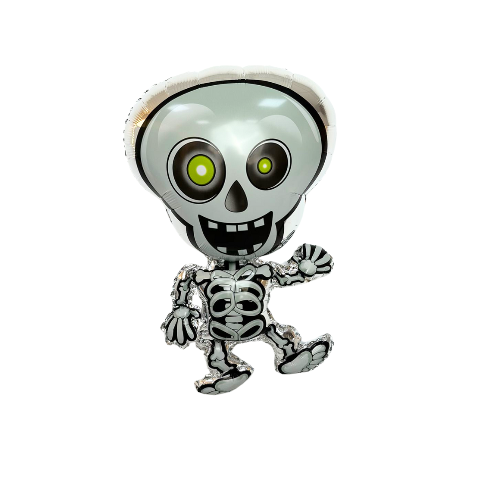 Skeleton Foil Balloon featuring a silver skull design with green eyes, perfect for adding a fun, spooky touch to any party event.
