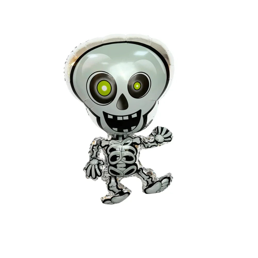 Skeleton Foil Balloon featuring a silver skull design with green eyes, perfect for adding a fun, spooky touch to any party event.