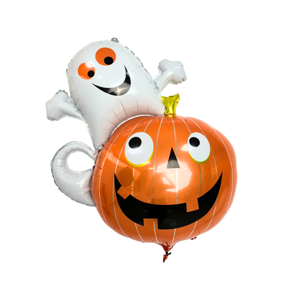 Pumpkin Ghost Foil Balloon featuring a playful ghost atop an orange pumpkin, perfect for adding a festive touch to Halloween parties.
