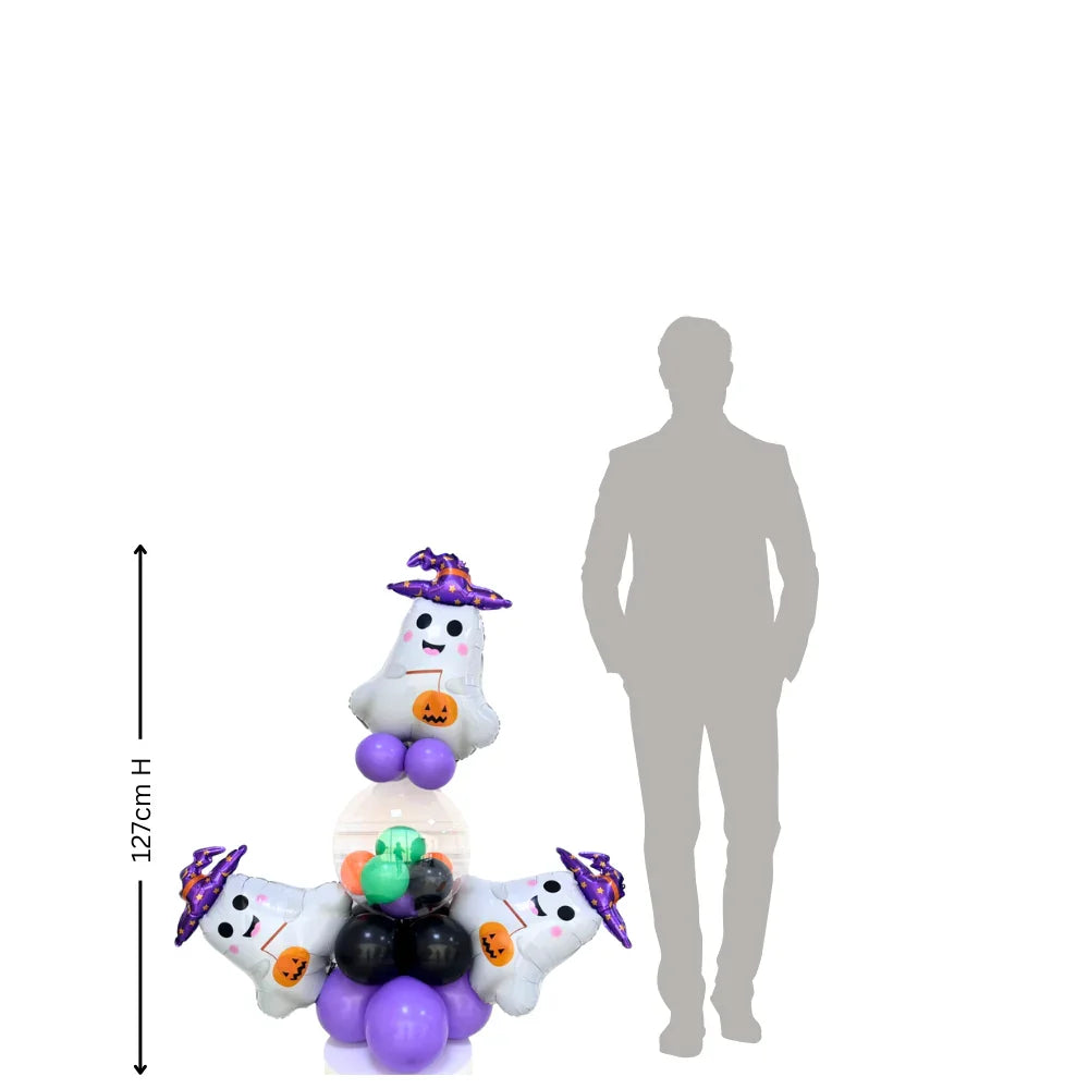 Mini Ghosts Balloon Stack featuring purple and black balloons with ghost designs, perfect for Halloween parties, suitable for floor-standing or table display.