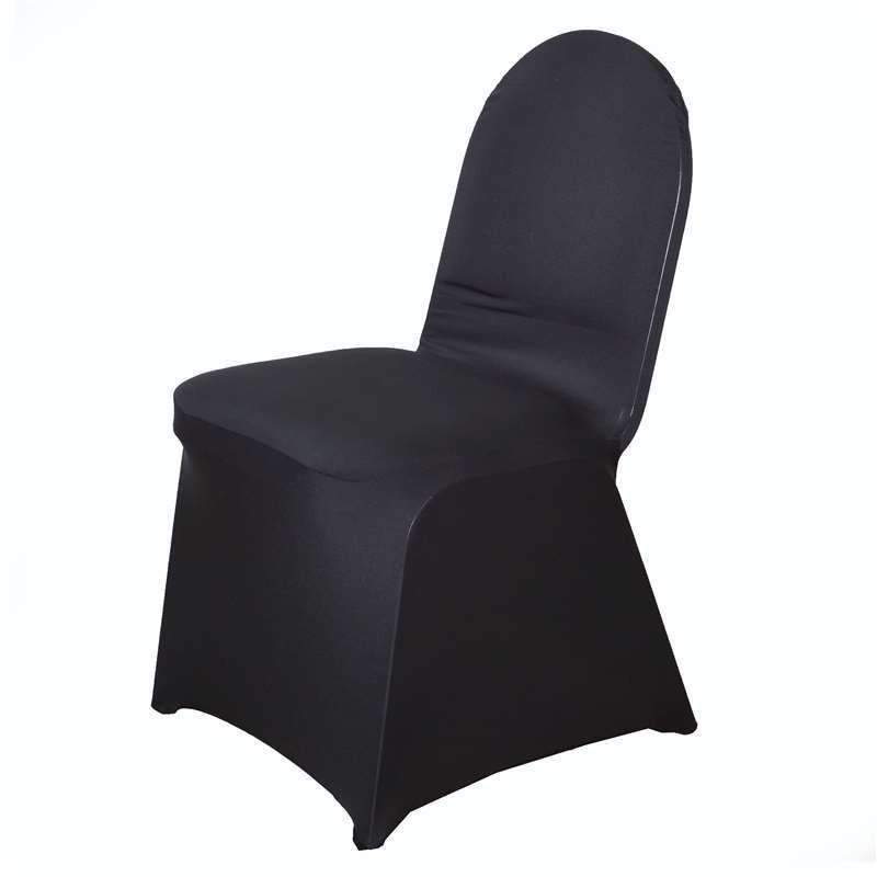 CHAIR COVER STRETCH: Black stretch chair cover designed for banquet chairs, offering comfort and wrinkle resistance. Ideal for enhancing party or event seating arrangements.
