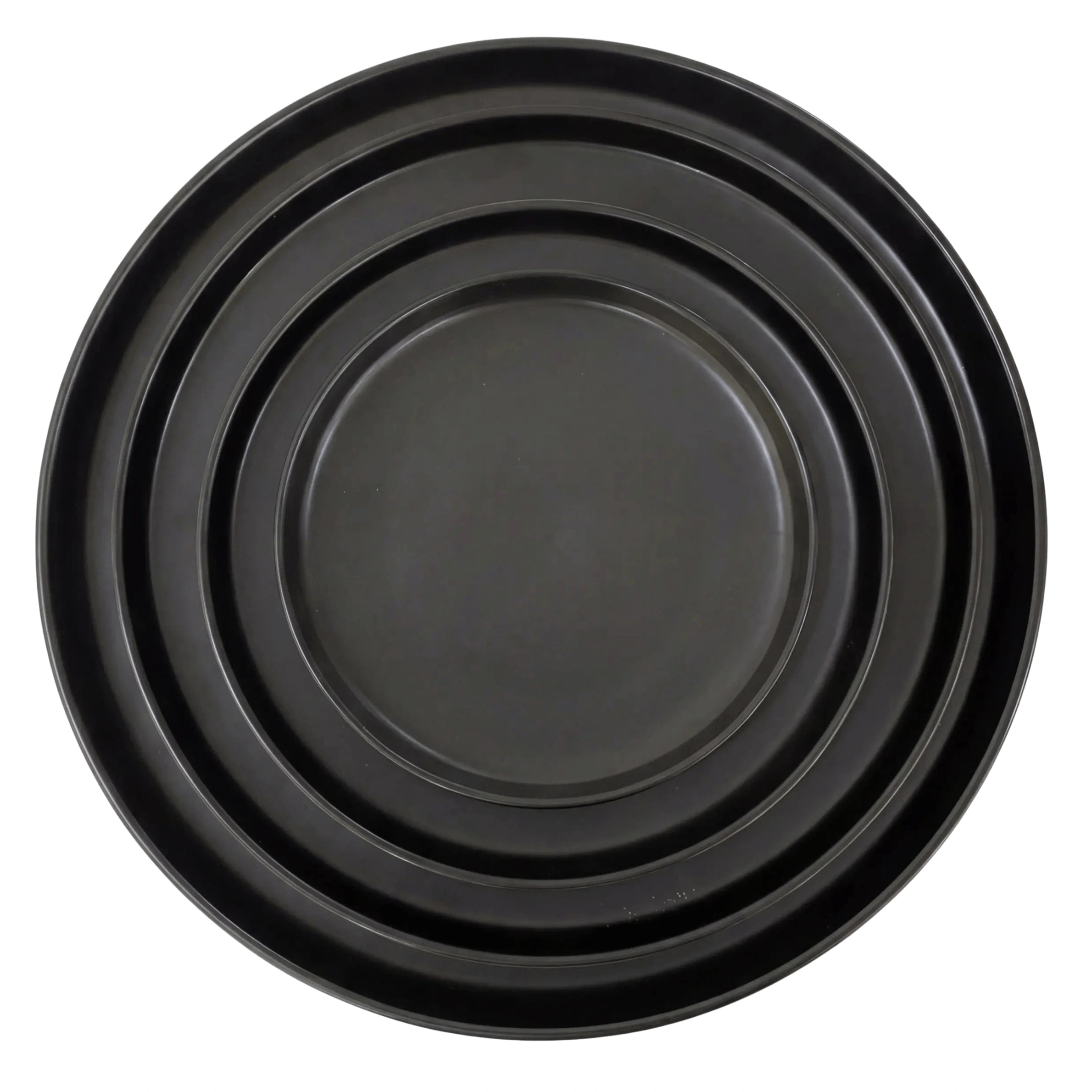 Black Ceramic Collection: A set of nested black metal baking trays in graduated sizes, perfect for enhancing elegant table settings at any event.