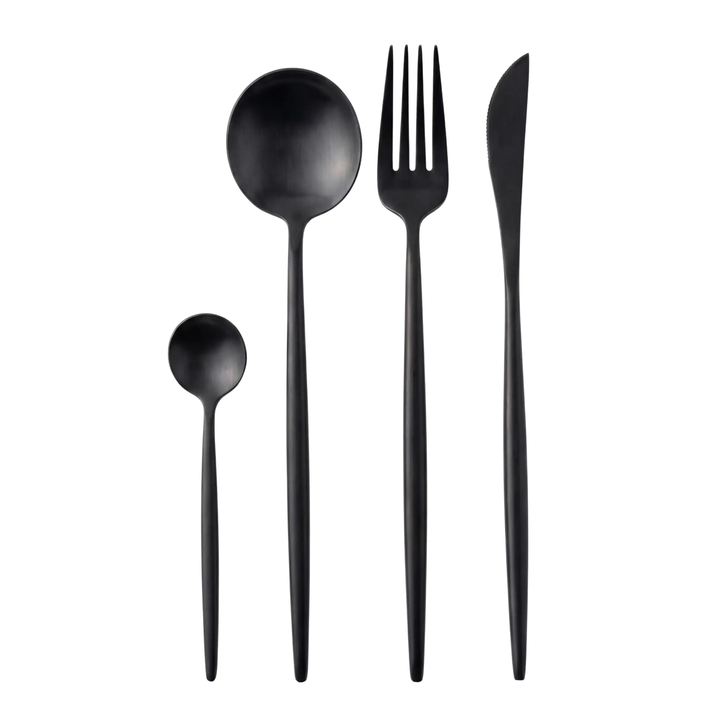 Black Modern Cutlery Collection: A matte-black flatware set featuring a teaspoon, soup spoon, dinner fork, and knife, perfect for making a stylish table statement.