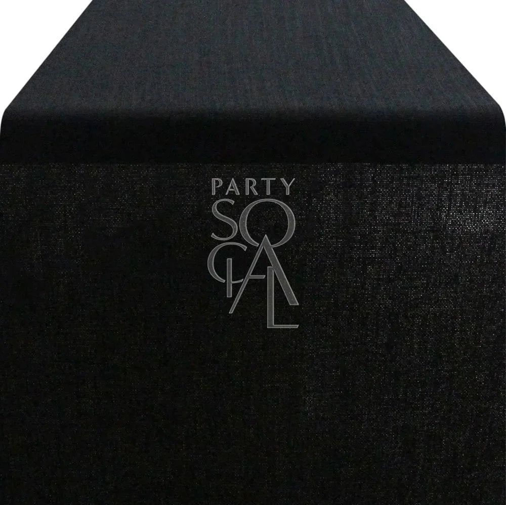 LINEN BLEND TABLE RUNNER featuring a sleek black rectangular design with a subtle logo, perfect for elevating glamorous tabletops at special events.