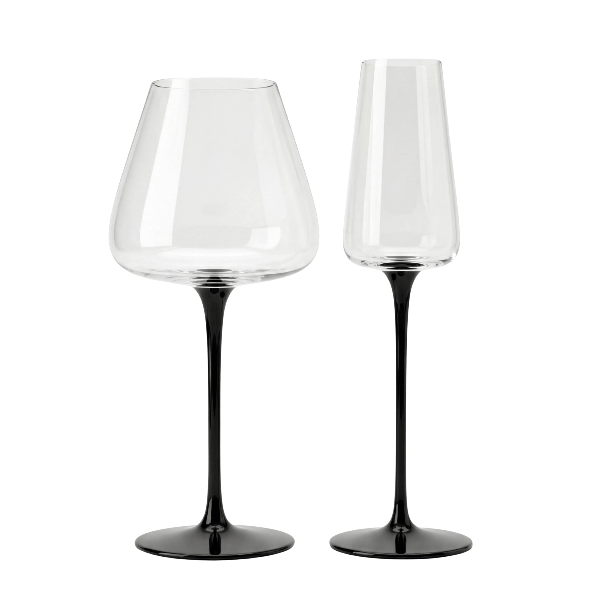 Black Stem Glassware Collection: Two elegant glasses with matte black stems, one with a wide bowl for wine, the other a slender champagne flute, ideal for stylish events.