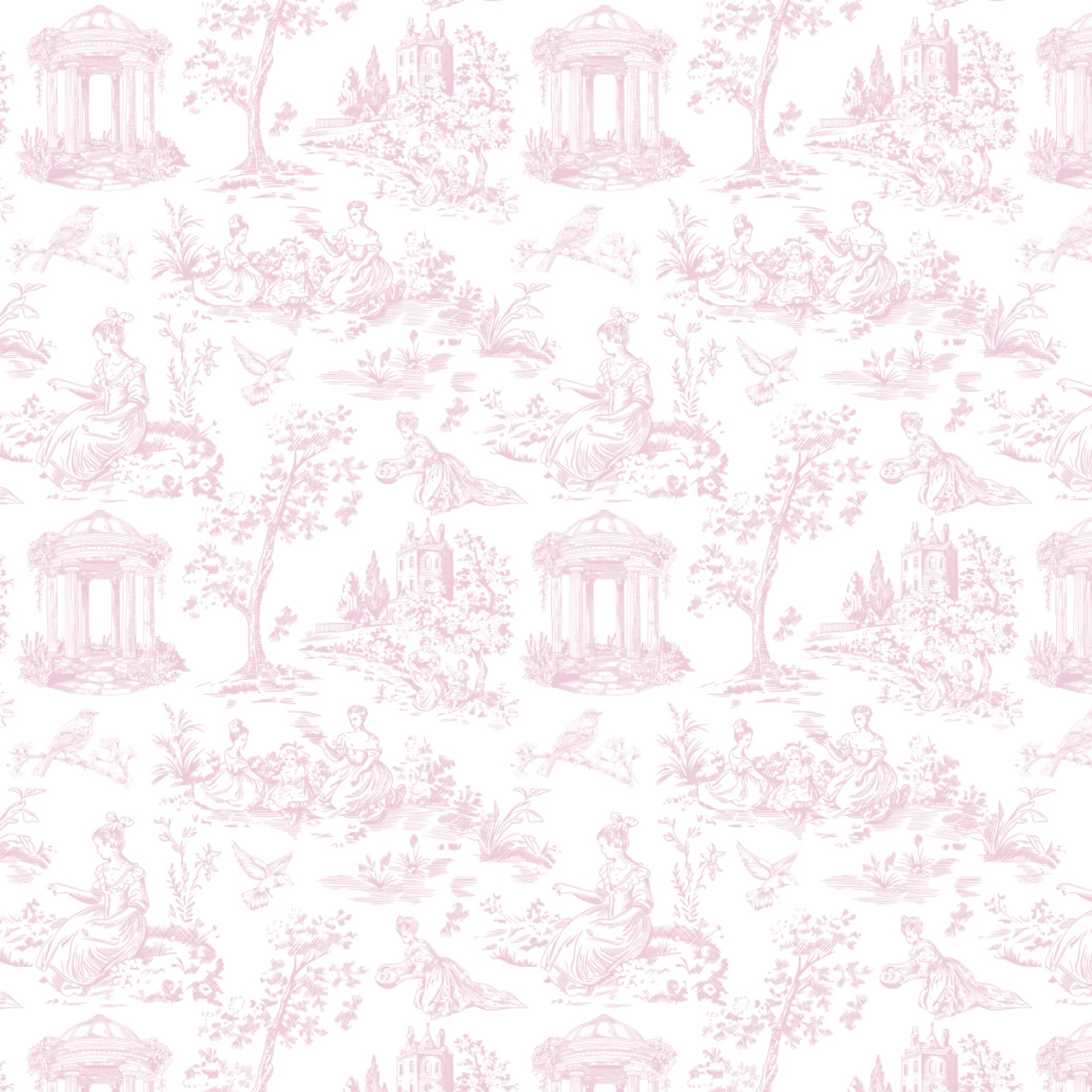 A repeating toile-style pattern in pale pink on a white background, featuring classical figures, trees, columns, and garden scenes.