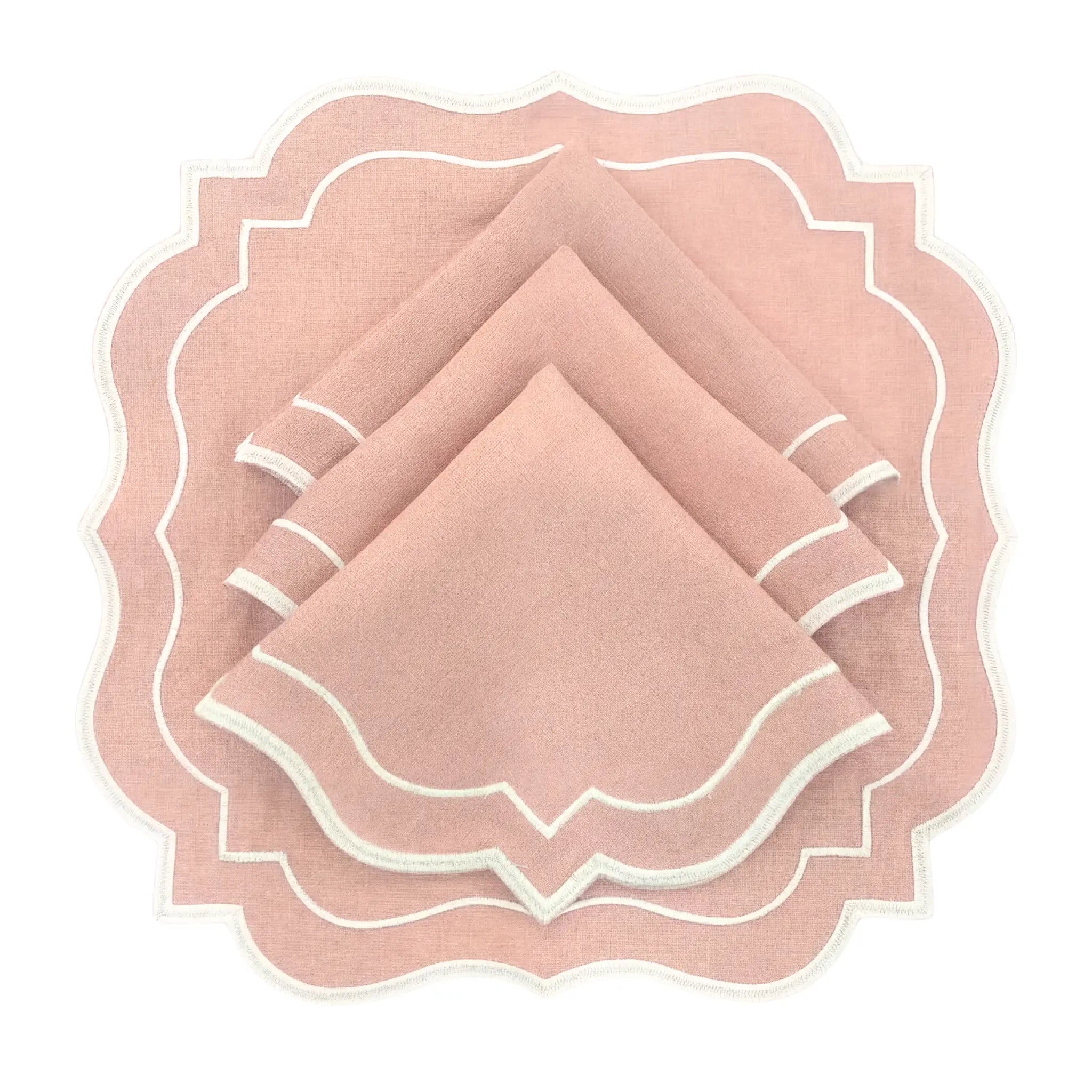 Blush Pink Scalloped Linen Napkins - Set of 4, featuring soft pink linen with scalloped edges and white stitching, perfect for elegant table settings.