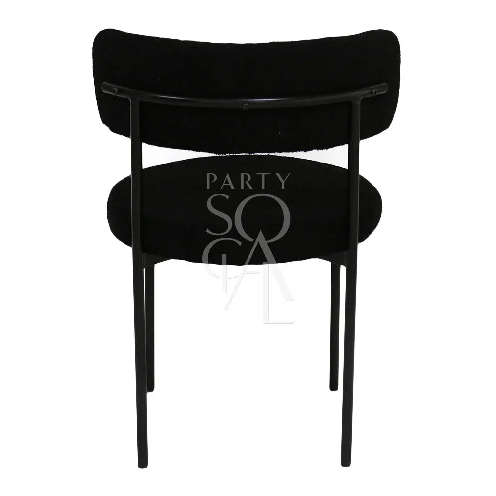 BOUCLE CHAIRS: A modern black chair with a black cushion, ideal for weddings and corporate events, available from Party Social.