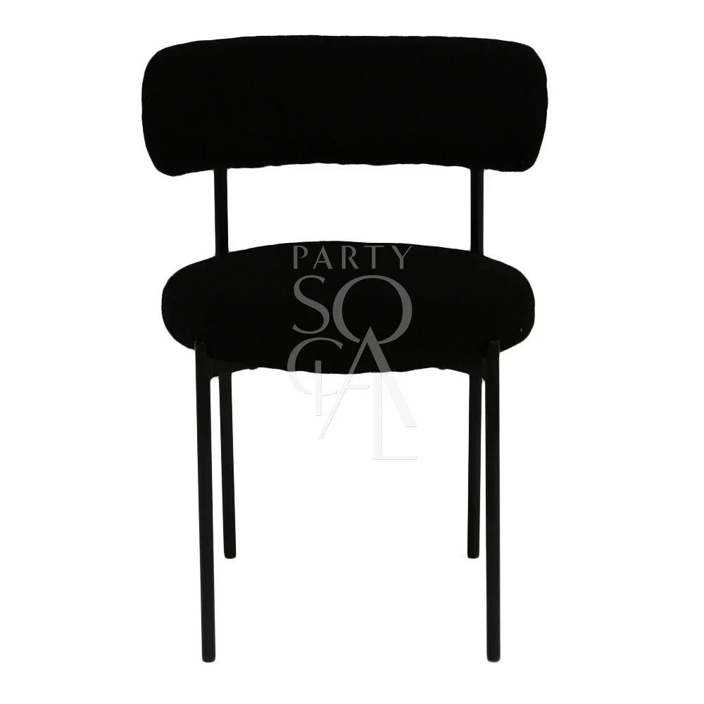 BOUCLE CHAIRS: A stylish modern chair with black legs, ideal for weddings and corporate events, offered by Party Social for versatile occasions.