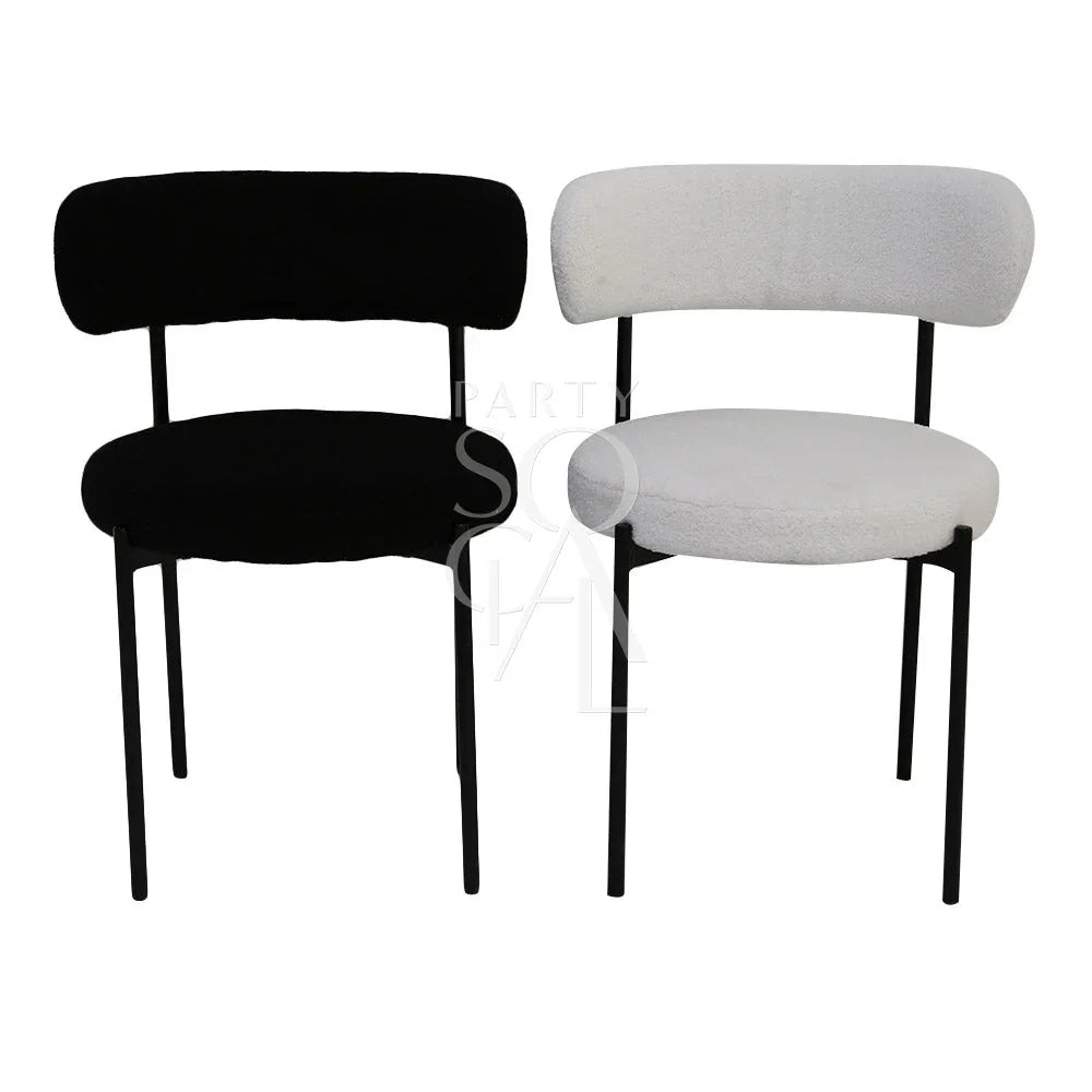 BOUCLE CHAIRS: Modern chair with sleek black legs, ideal for weddings and corporate events. Perfect for versatile party and event settings.