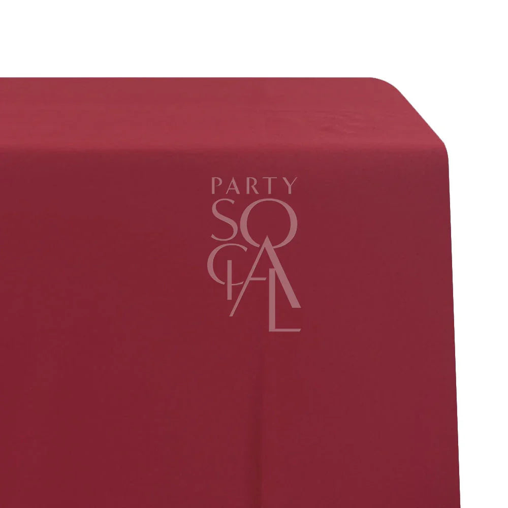 Rectangular satin tablecloth featuring a logo, ideal for special occasions. Available in multiple colors, perfect for enhancing event decor.