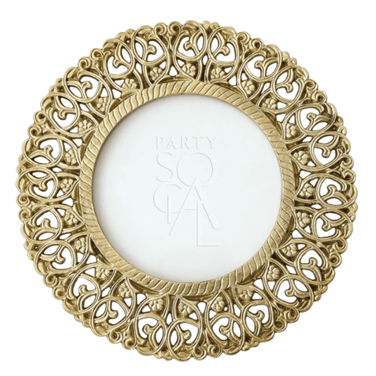 CHARGER PLATE - BRASS with intricate filigree border, perfect for elegant tablescapes at events. Features ornate brass frame, 33cm diameter.