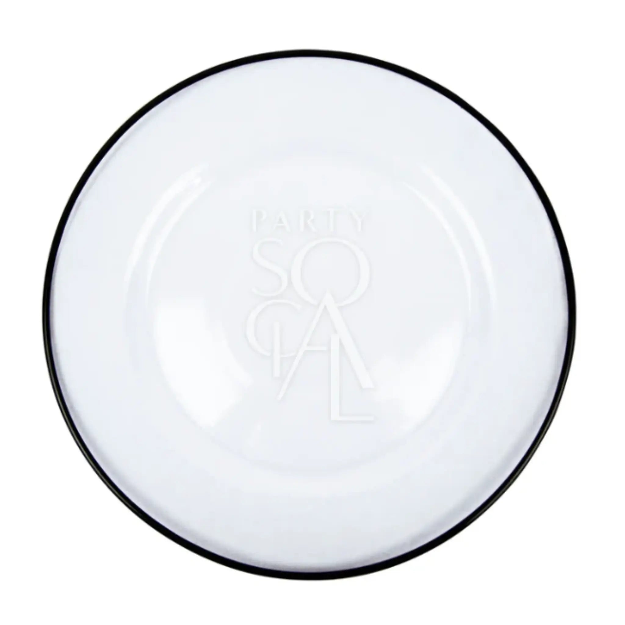 Clear Plate W/Black Rim Collection: Glossy white plate with PARTY SOCIAL embossed, featuring a sleek black rim, perfect for modern, elegant table settings at events.