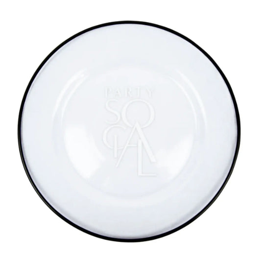 Clear Plate W/Black Rim Collection: Glossy white plate with PARTY SOCIAL embossed, featuring a sleek black rim, perfect for modern, elegant table settings at events.