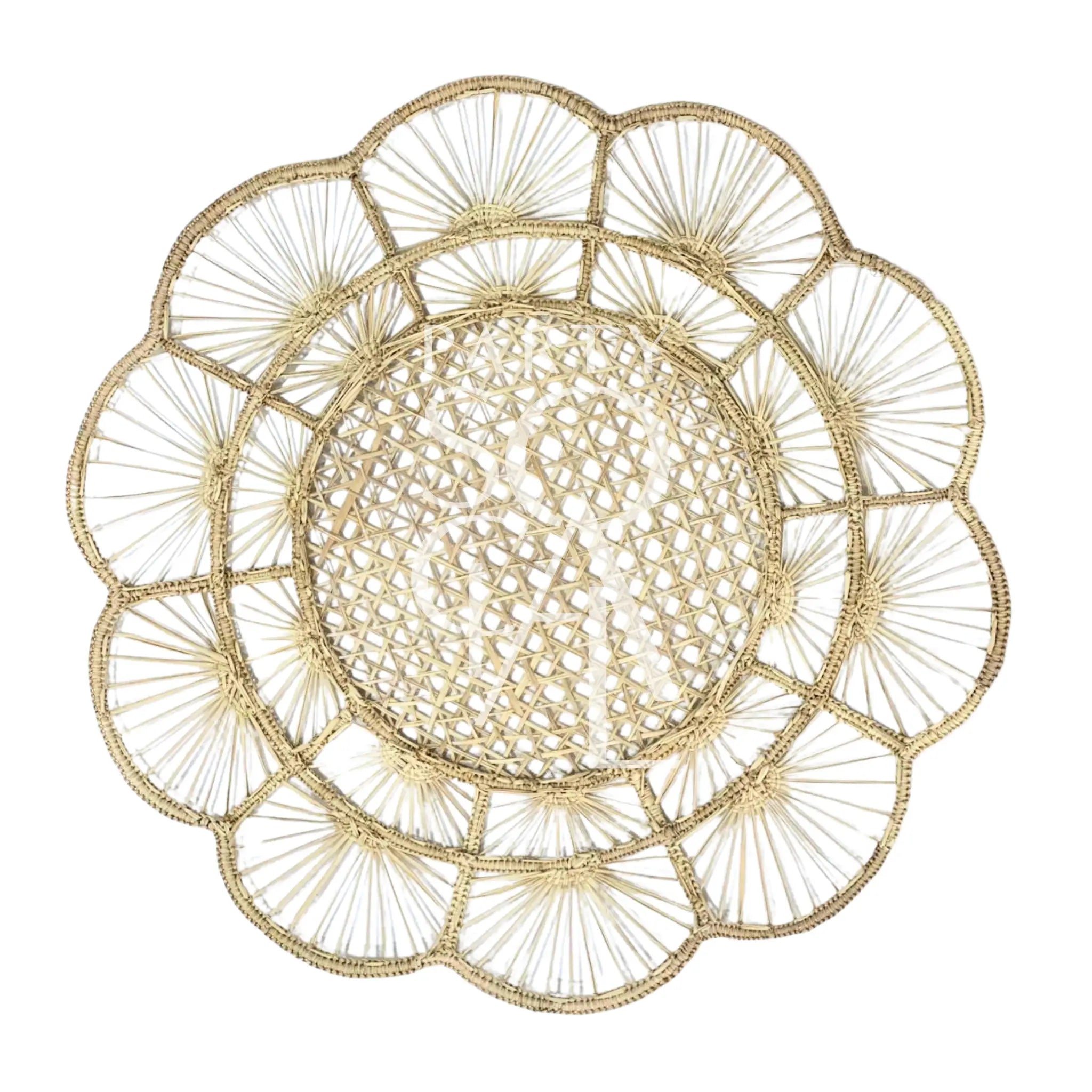 CHARGER PLATE - FLORAL RATTAN WIRE: A round, flower-shaped woven placemat with open lattice center and radiating “petals,” ideal for rustic or boho-themed events.