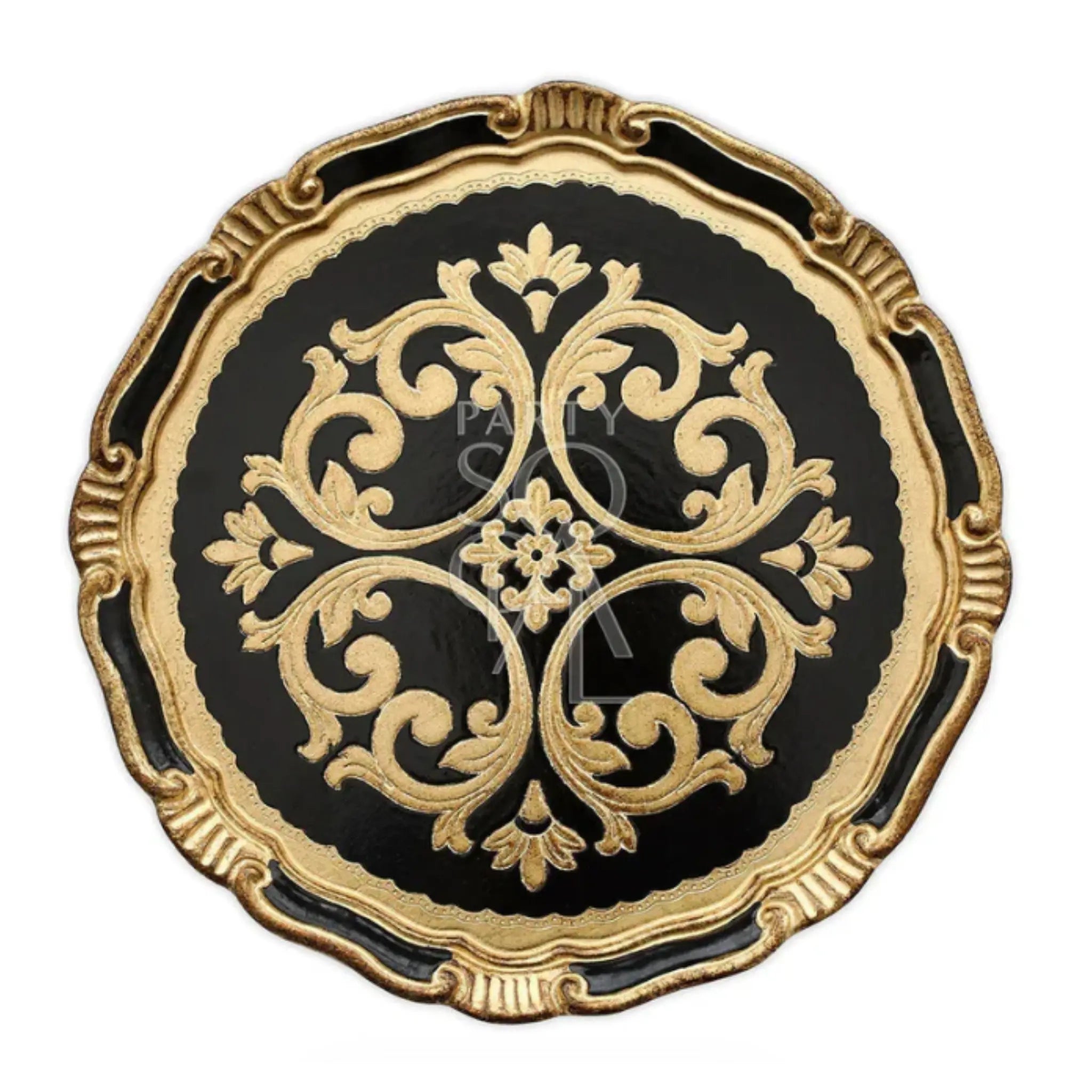 Charger Plate - Florentine Antique: A handcrafted wooden plate with black center, gold scrollwork, and scalloped rim, perfect for elegant table setups.
