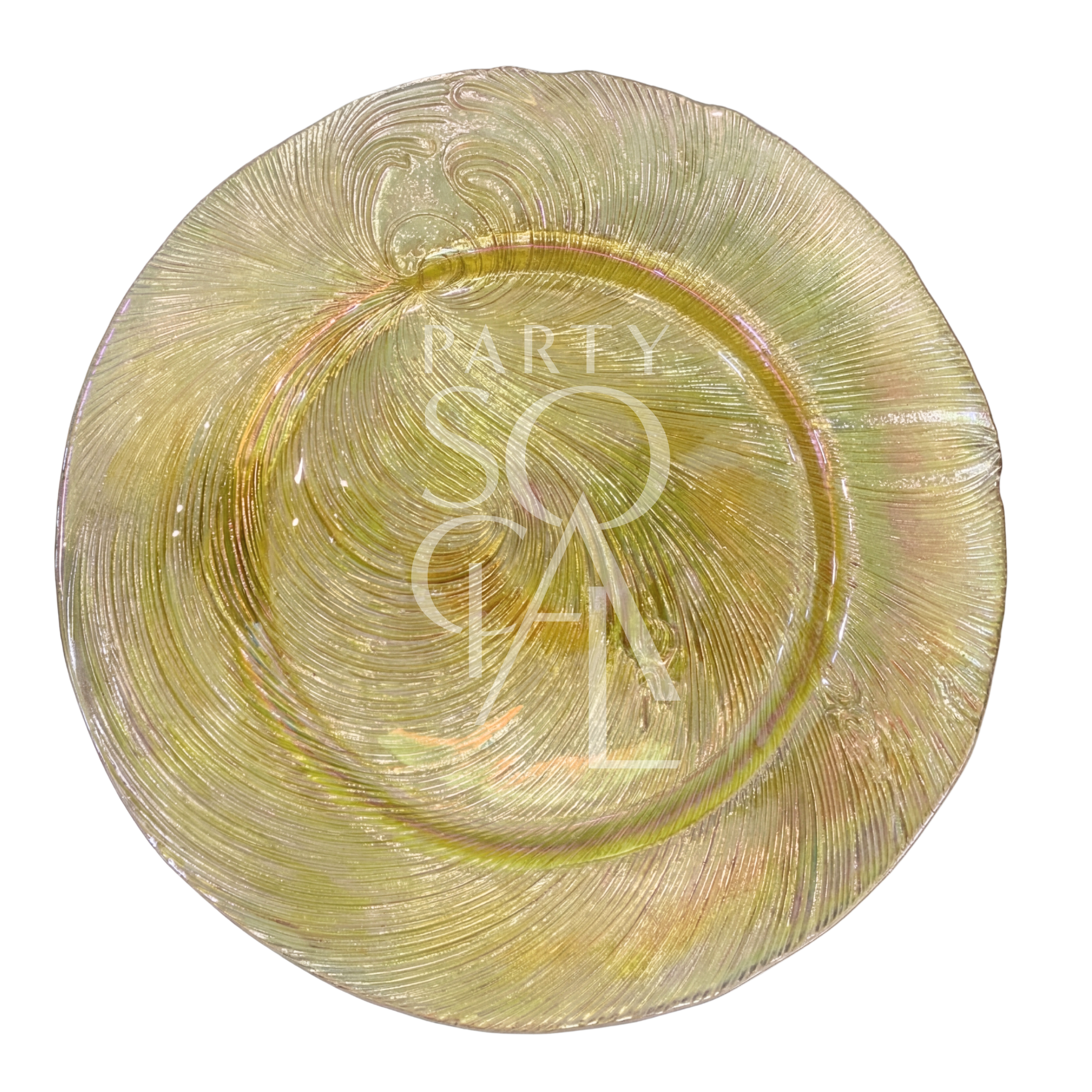 CHARGER PLATE - GOLD SWIRL: A round, iridescent gold charger plate with a textured spiral pattern, perfect for adding elegance to upscale dining settings.
