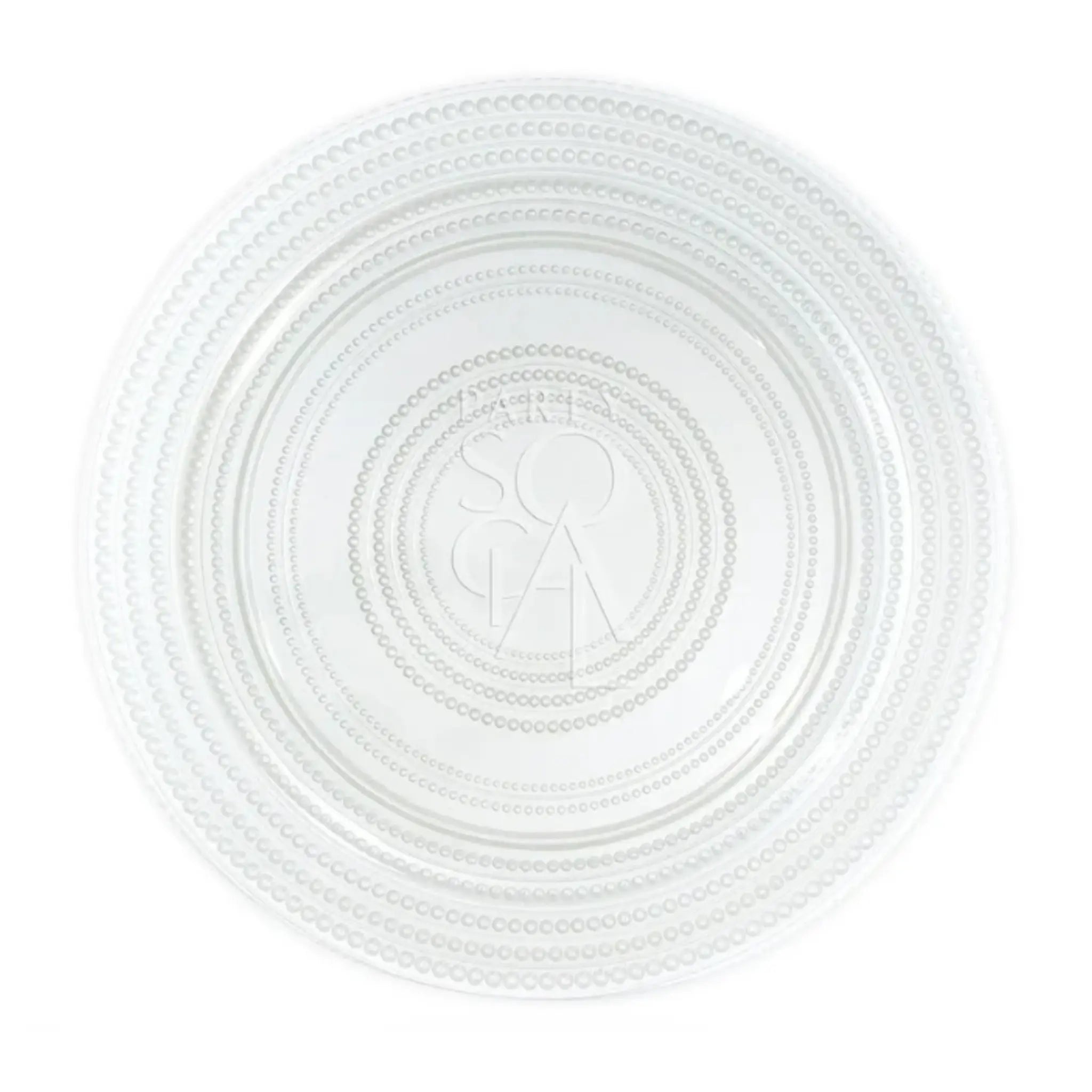 CHARGER PLATE - PEARL: A clear glass serving plate with raised bead patterns in concentric rings, embossed brand logo at the center, ideal for elegant table settings.