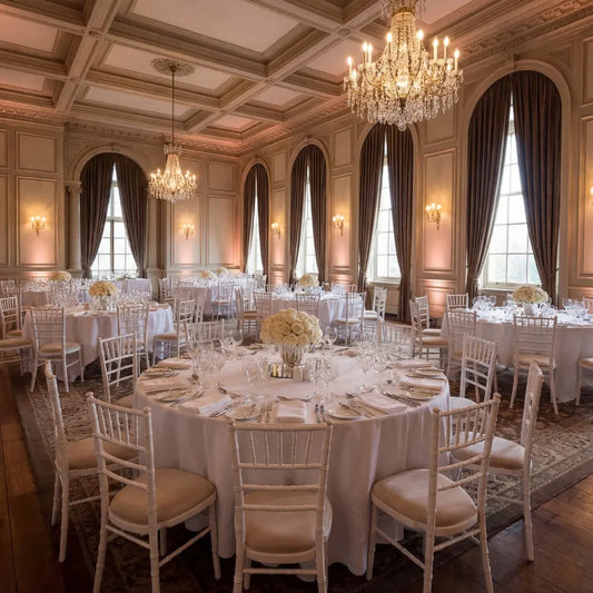 CHIAVARI CHAIR WHITE elegantly arranged around tables in a formal event setting, showcasing refined style and spindle-back design, perfect for upscale gatherings.