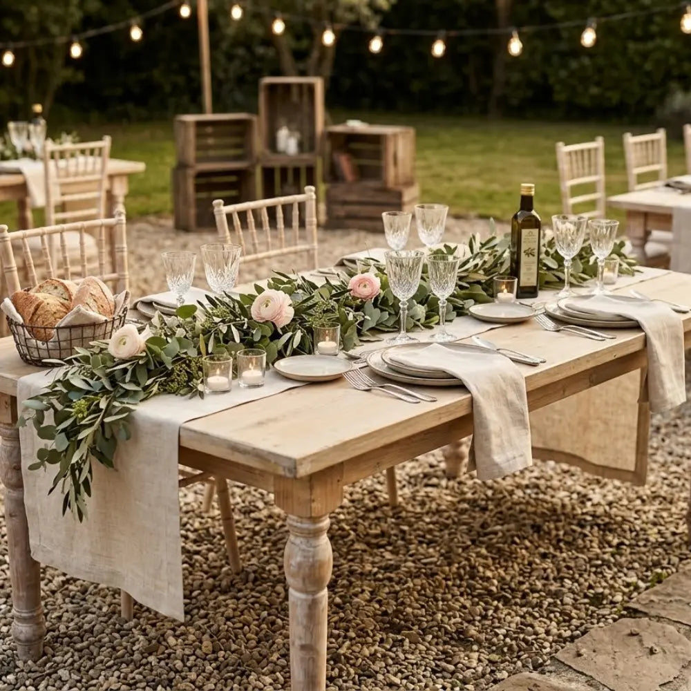 Classic Wood Dining Table with weathered-wood finish, linen runner, greenery garland, crystal glassware, stoneware plates, and votive candles, ideal for outdoor events.
