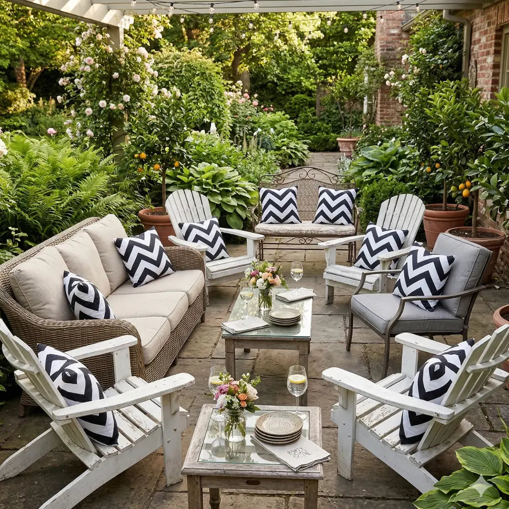 CUSHION BLACK & WHITE CHEVRON adorning outdoor seating, enhancing garden-party vibe with custom satin cushions, perfect for chairs and benches in festive settings.