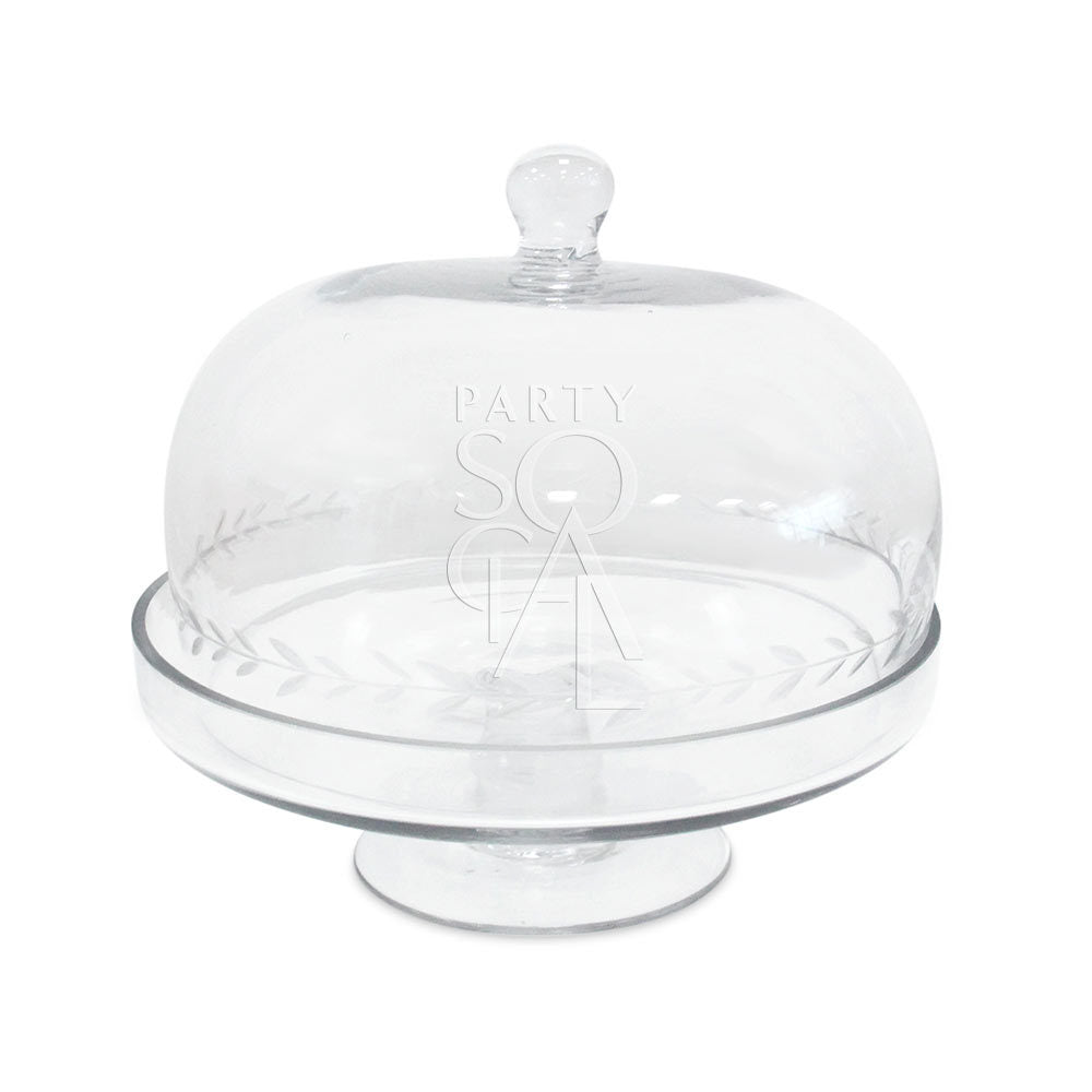 Clear glass cake stand with lid, ideal for showcasing cakes at events, part of Party Social&