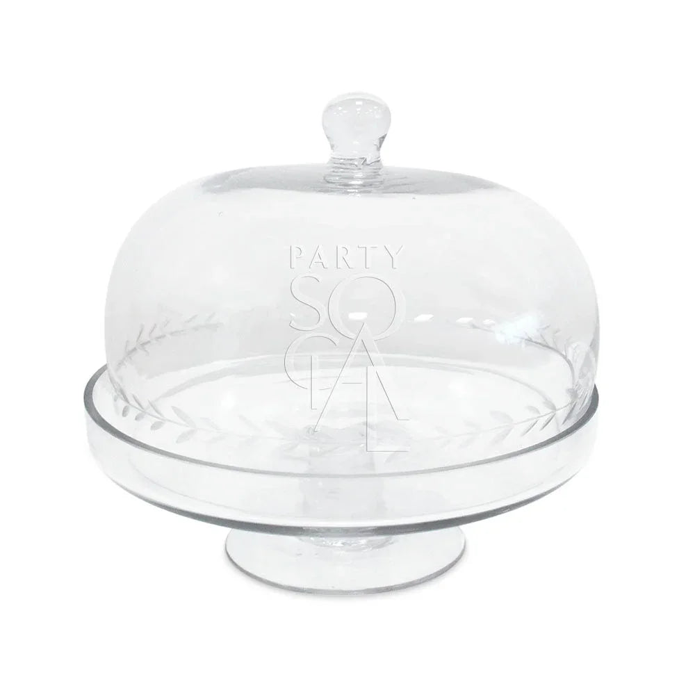 Clear glass cake stand with lid, ideal for showcasing cakes at events, part of Party Social&
