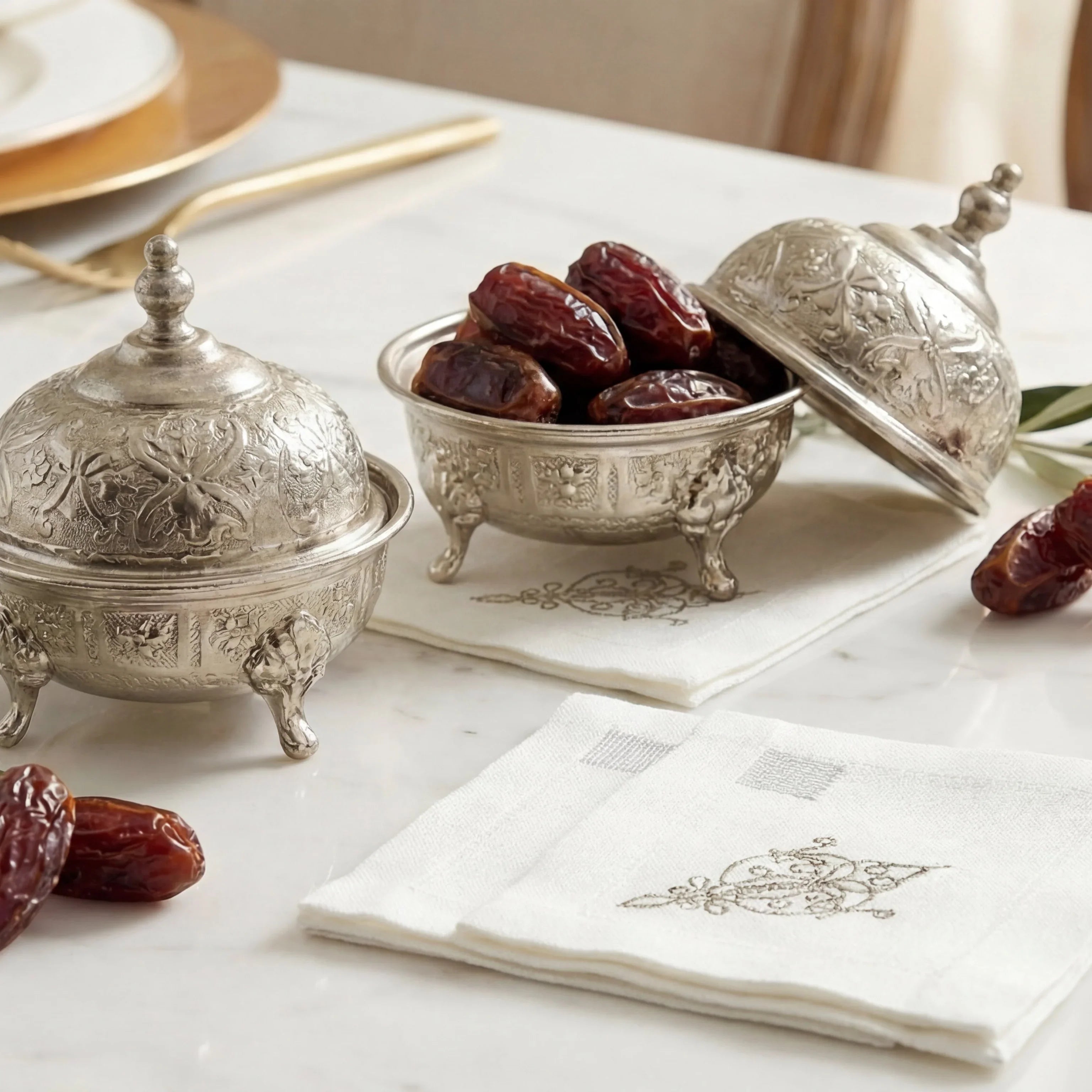 The Silver Ritual Edit Gift Box: two ornate silver-tone dishes with dates, linen napkins, gold charger, and flatware, ideal for elegant Ramadan gifting and entertaining.