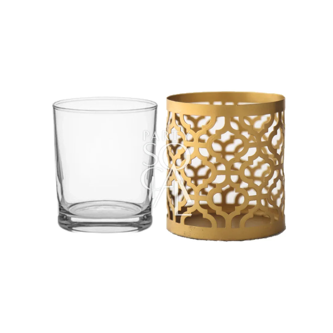 GOLD ARABESQUE CANDLE HOLDER with intricate patterns, perfect for premium events. Ideal for rental or purchase from Party Social&