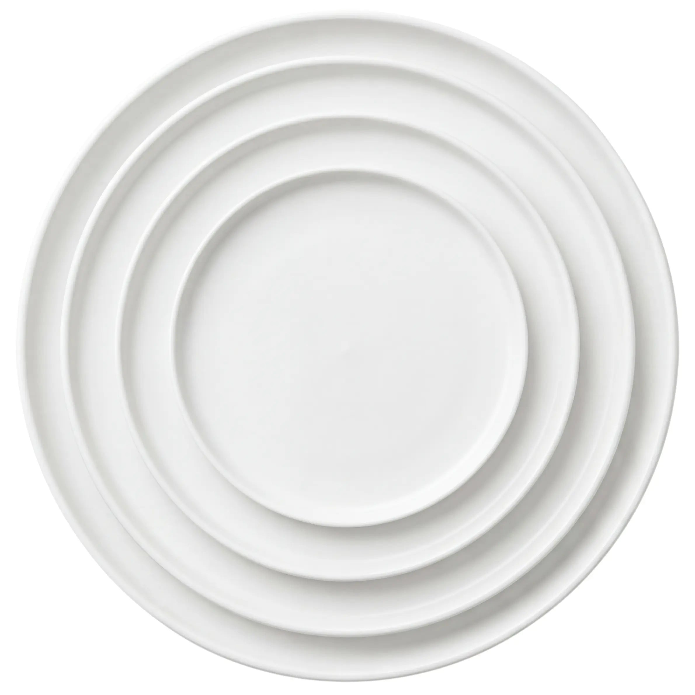 White Ceramic Collection features four nested round ceramic plates, ideal for elevating any table setting, perfect for parties and events.