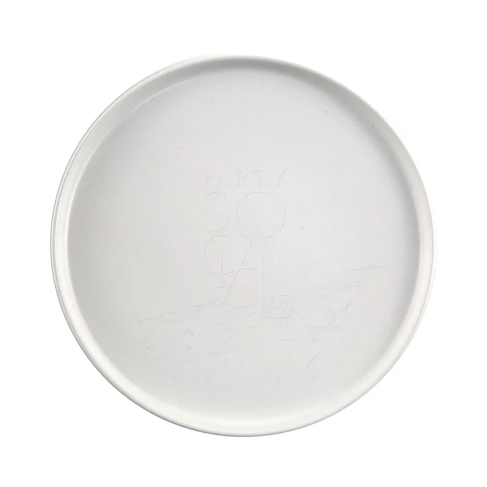 Ceramic Plates - White: A sleek white ceramic plate featuring a logo, perfect for enhancing table settings at events. Available in various sizes.