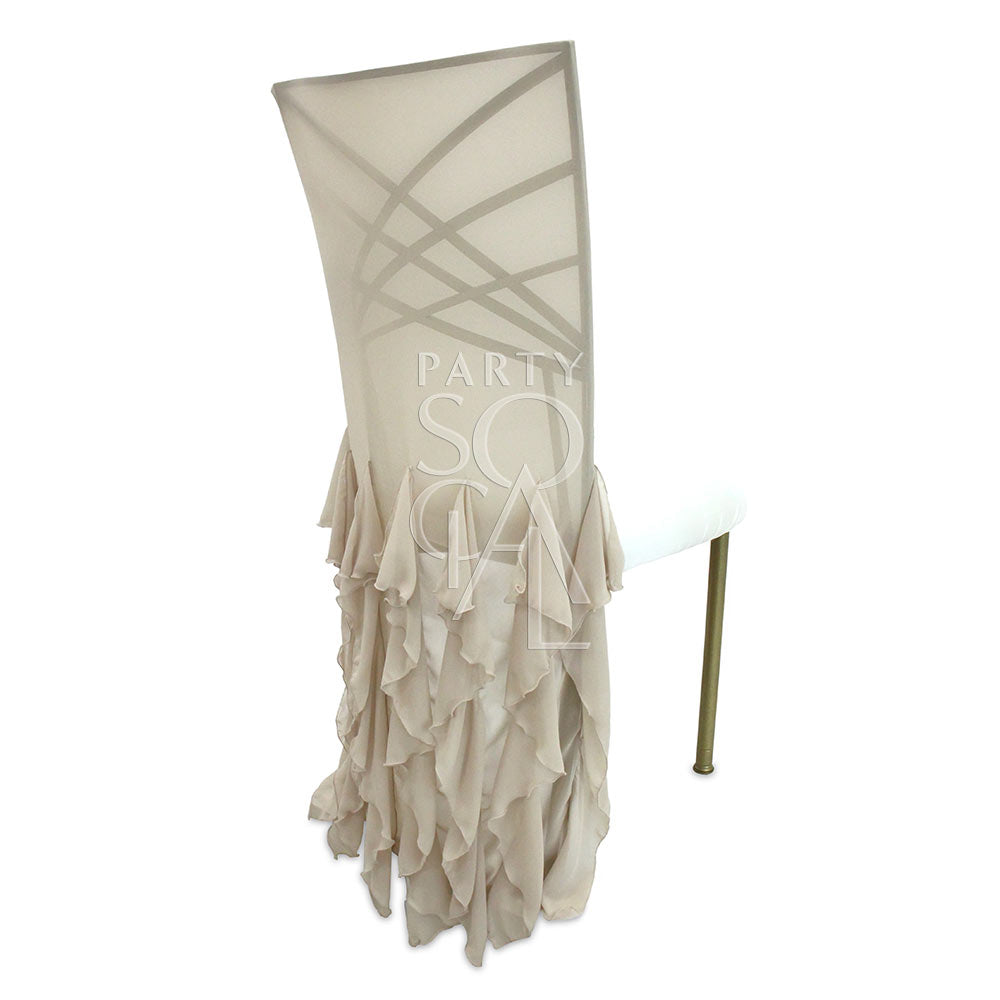 CHAIR COVER RUFFLED SAND CHAMELEON: A ruffled fabric cover designed to fit over a Chameleon chair, enhancing elegance for event rentals.