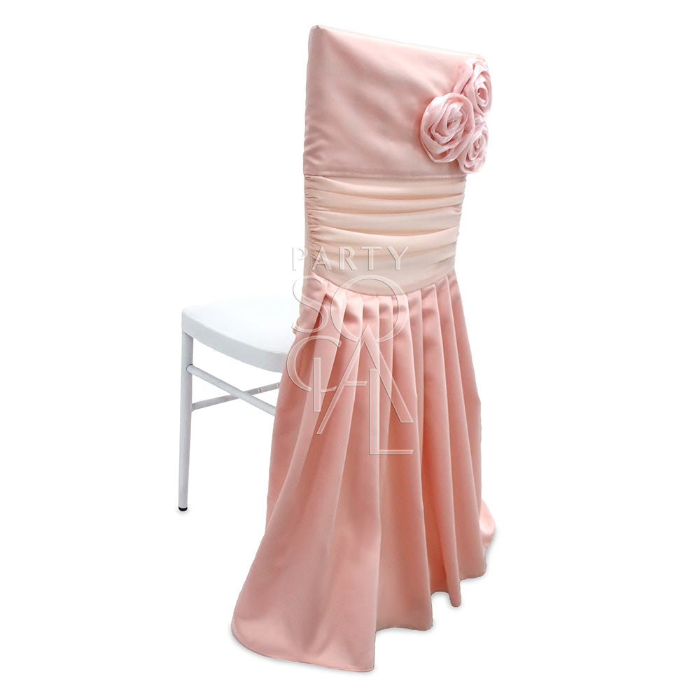 CHAIR COVER PINK SATIN CHIAVARI: Light pink satin and sheer chair cover with floral accents, available exclusively with Chiavari chair rental for events.