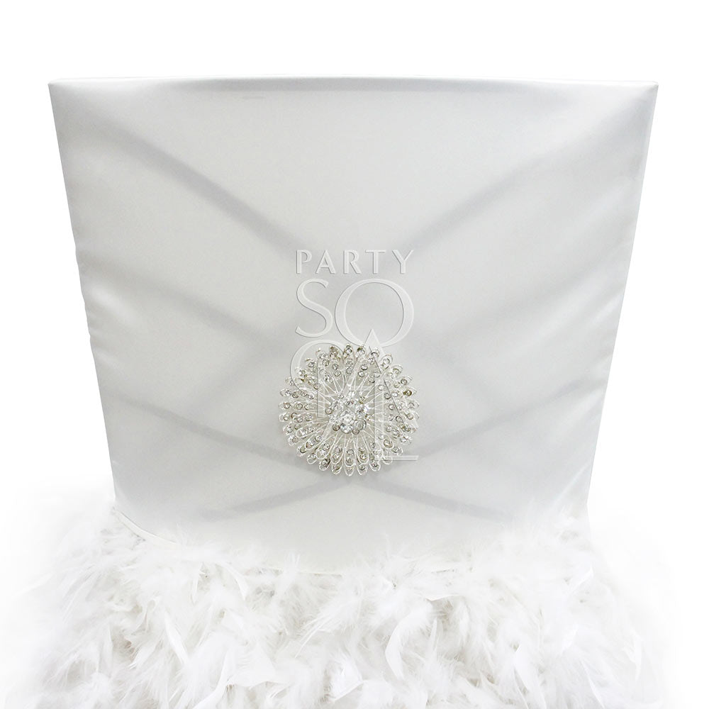 Chair cover feathered off white satin Chameleon, featuring delicate feathers on satin, designed for Chameleon chairs, available through rental at Party Social.