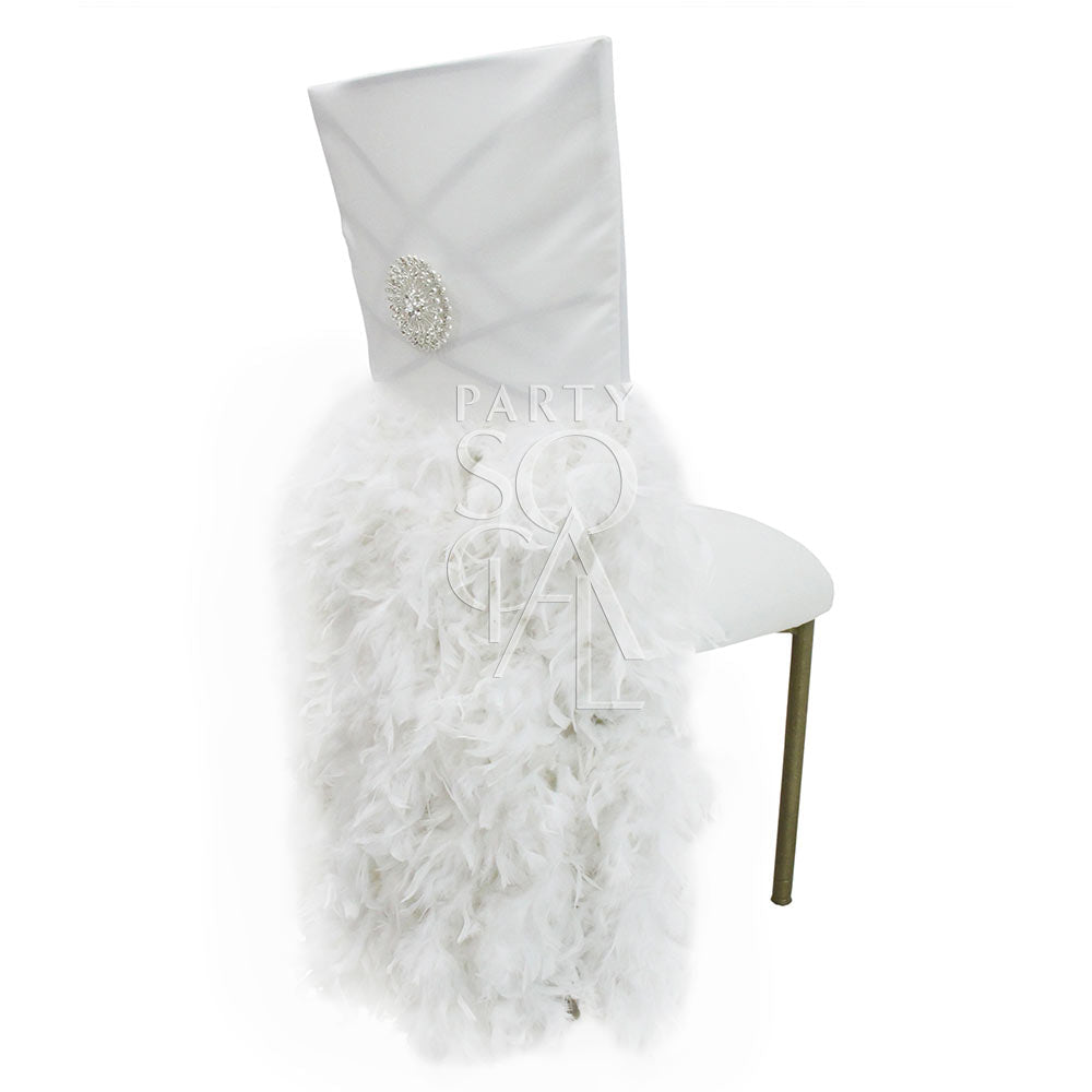 Feathered off-white satin chair cover designed for Chameleon chairs, showcasing a luxurious texture, ideal for elegant event settings.