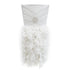 CHAIR COVER FEATHERED OFF WHITE SATIN CHAMELEON: Custom made satin chair cover adorned with white feathers, exclusively for Chameleon chair rentals, ideal for elegant event settings.