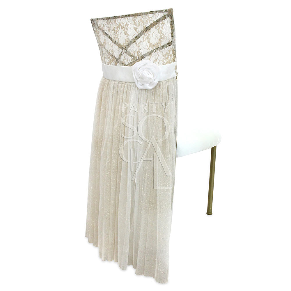CHAIR COVER LACE WITH FULL TULLE CHAMELEON draped over a chair, showcasing elegant lace and tulle design with optional back clasp or floral accents.