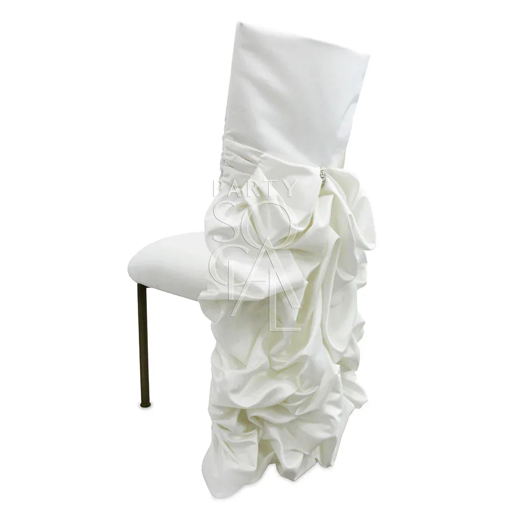 Chameleon chair cover in off-white satin with draped ruffles, custom designed for exclusive rental use with Chameleon chairs.