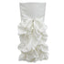 CHAIR COVER OFF WHITE SATIN DRAPED CHAMELEON: A white chair cover featuring elegant ruffled fabric, tailored for Chameleon chairs, ideal for special event rentals.